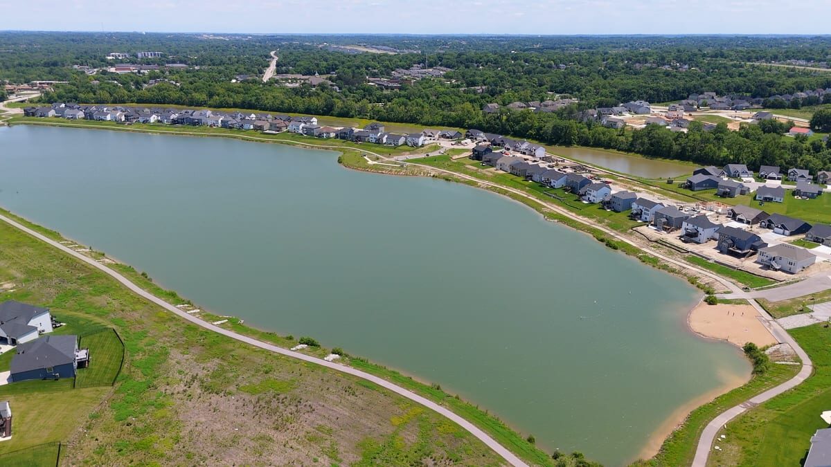 Wide aerial view of Cottleville Trails with multiple lakes