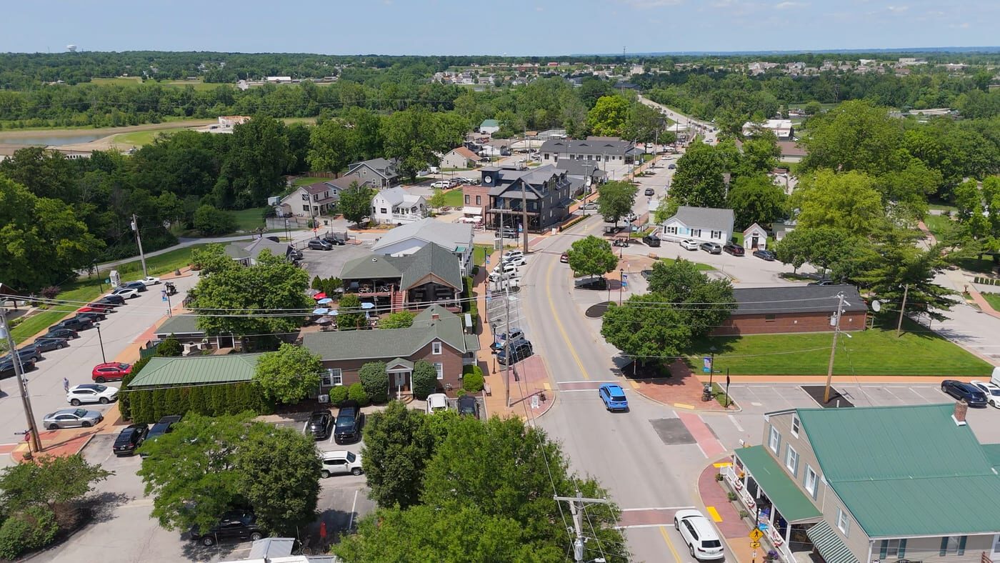 Aerial view of Old Town Cottleville streets and downtown district