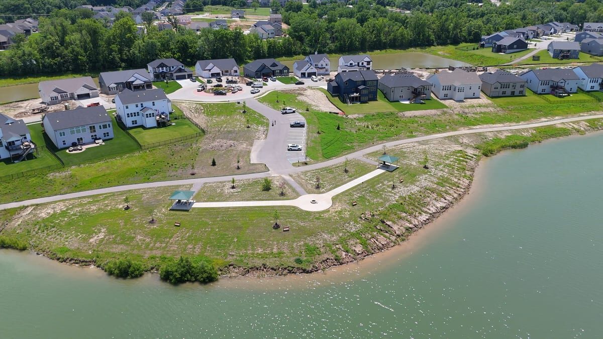 Community pavilion and firepit on the lakeside at Cottleville Trails