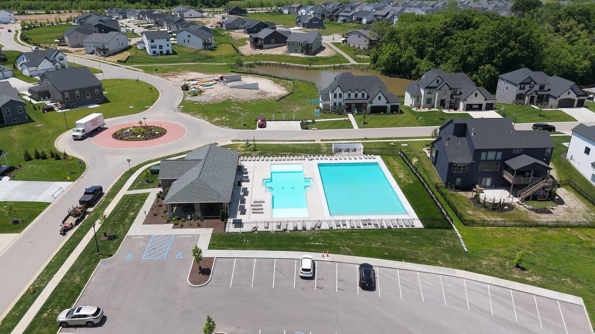 Clubhouse and community pool aerial view at Cottleville Trails